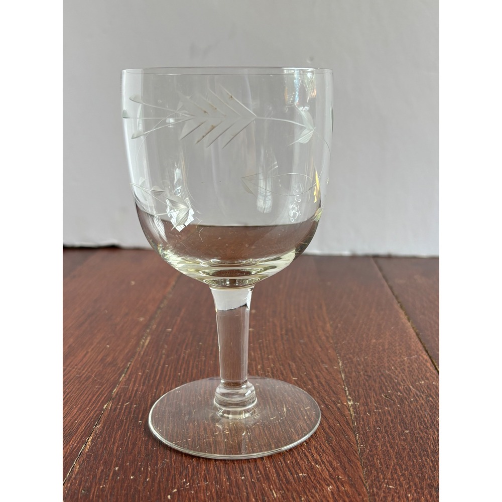 Vintage Etched Crystal Wine Goblet Leaf Sprig Design Stemware Glass 5.5 Inch